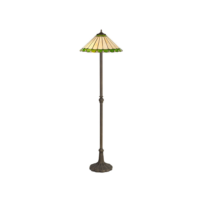 C-Lighting Heath 2 Light Leaf Design Floor Lamp E27 With 40cm Tiffany Shade, Green/Cmurston/Crystal/Aged Antique Brass - 29659
