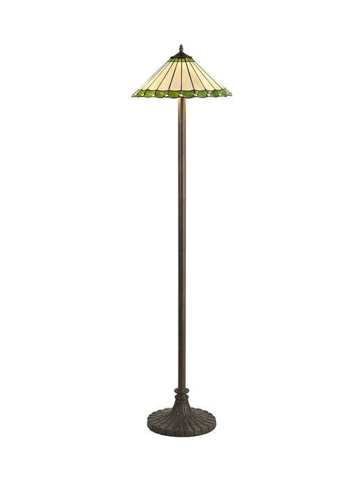 C-Lighting Heath 2 Light Stepped Design Floor Lamp E27 With 40cm Tiffany Shade, Green/Cmurston/Crystal/Aged Antique Brass - 29660