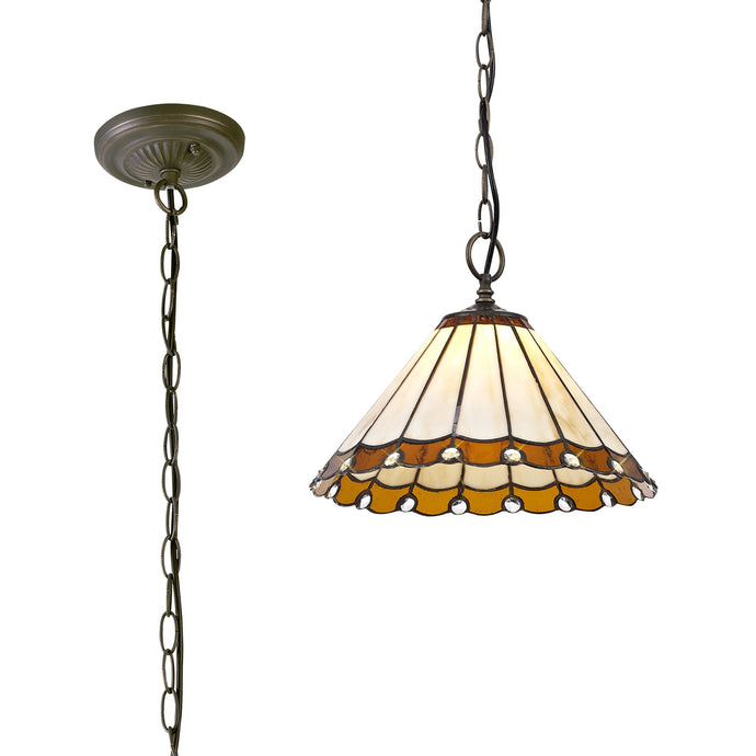 C-Lighting Heath 1 Light Downlighter Pendant E27 With 30cm Tiffany Shade, Amber/Cmurston/Crystal/Aged Antique Brass - 29665