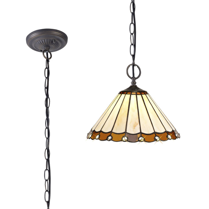 C-Lighting Heath 2 Light Downlighter Pendant E27 With 30cm Tiffany Shade, Amber/Cmurston/Crystal/Aged Antique Brass - 29666
