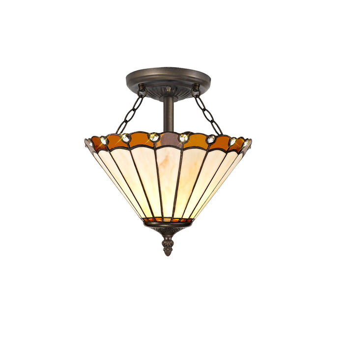 C-Lighting Heath 2 Light Semi Ceiling E27 With 30cm Tiffany Shade, Amber/Cmurston/Crystal/Aged Antique Brass - 29668