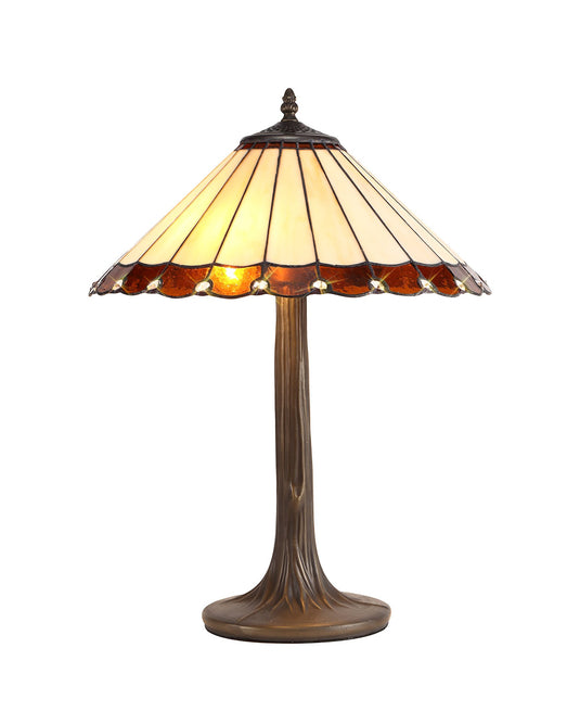 C-Lighting Heath 2 Light Curved Table Lamp E27 With 40cm Tiffany Shade, Amber/Cmurston/Crystal/Aged Antique Brass - 29673