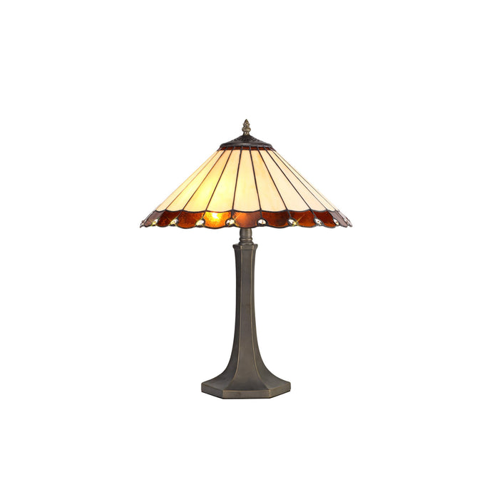C-Lighting Heath 2 Light Octagonal Table Lamp E27 With 40cm Tiffany Shade, Amber/Cmurston/Crystal/Aged Antique Brass - 29674