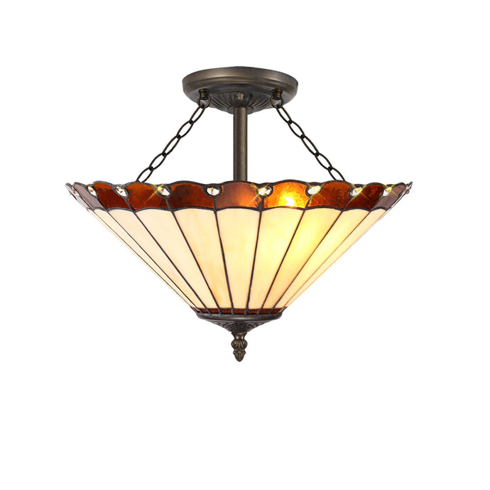 C-Lighting Heath 3 Light Semi Ceiling E27 With 40cm Tiffany Shade, Amber/Cmurston/Crystal/Aged Antique Brass - 29678