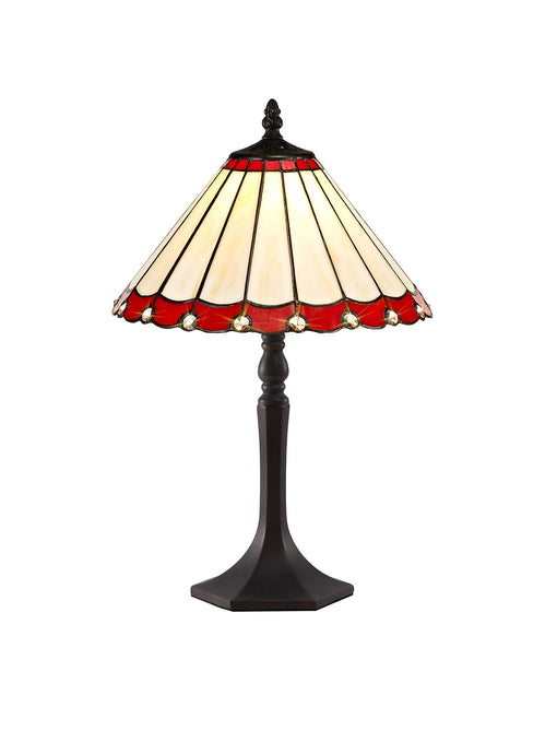 C-Lighting Heath 1 Light Octagonal Table Lamp E27 With 30cm Tiffany Shade, Red/Cmurston/Crystal/Aged Antique Brass - 29686