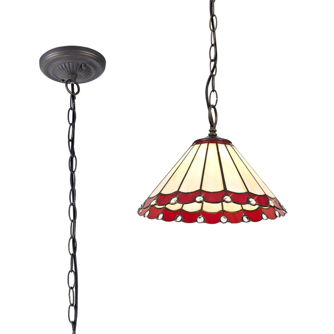 C-Lighting Heath 1 Light Downlighter Pendant E27 With 30cm Tiffany Shade, Red/Cmurston/Crystal/Aged Antique Brass - 29687