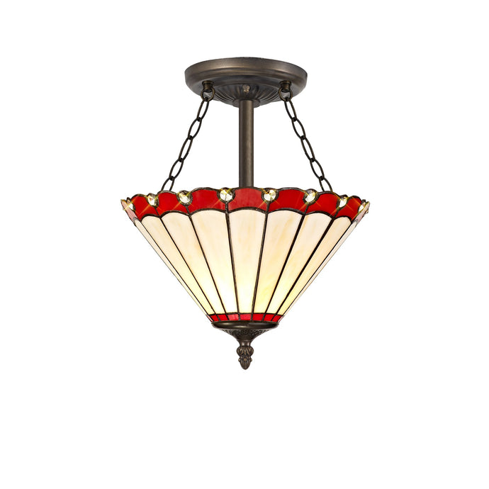 C-Lighting Heath 3 Light Semi Ceiling E27 With 30cm Tiffany Shade, Red/Cmurston/Crystal/Aged Antique Brass - 29691