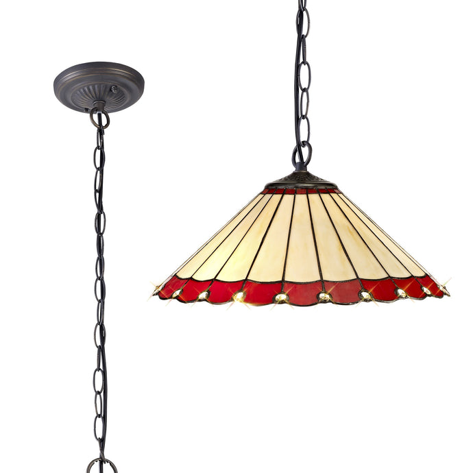 C-Lighting Heath 1 Light Downlighter Pendant E27 With 40cm Tiffany Shade, Red/Cmurston/Crystal/Aged Antique Brass - 29697