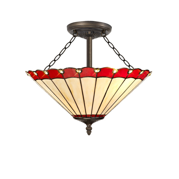 C-Lighting Heath 3 Light Semi Ceiling E27 With 40cm Tiffany Shade, Red/Cmurston/Crystal/Aged Antique Brass - 29700