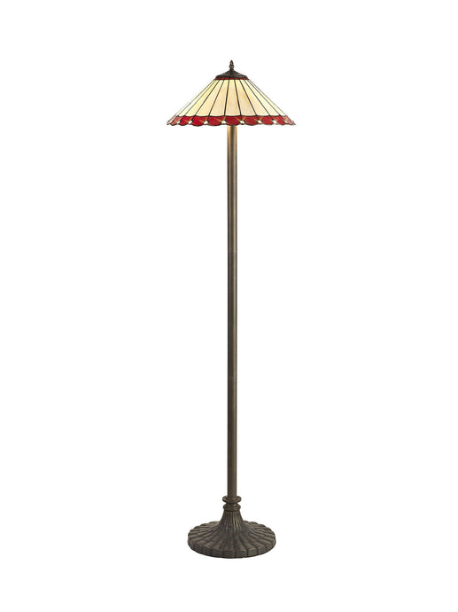 C-Lighting Heath 2 Light Stepped Design Floor Lamp E27 With 40cm Tiffany Shade, Red/Cmurston/Crystal/Aged Antique Brass - 29704