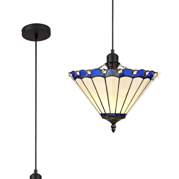 C-Lighting Heath 1 Light Uplighter Pendant E27 With 30cm Tiffany Shade, Blue/Cmurston/Crystal/Black - 29705