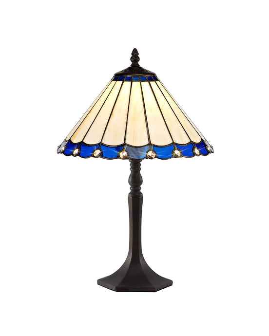 C-Lighting Heath 1 Light Octagonal Table Lamp E27 With 30cm Tiffany Shade, Blue/Cmurston/Crystal/Aged Antique Brass - 29708