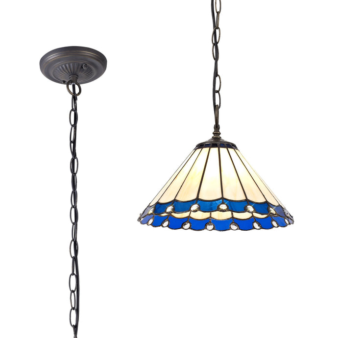 C-Lighting Heath 1 Light Downlighter Pendant E27 With 30cm Tiffany Shade, Blue/Cmurston/Crystal/Aged Antique Brass - 29709