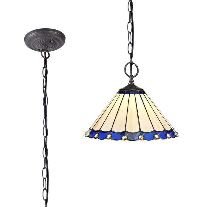 C-Lighting Heath 2 Light Downlighter Pendant E27 With 30cm Tiffany Shade, Blue/Cmurston/Crystal/Aged Antique Brass - 29710