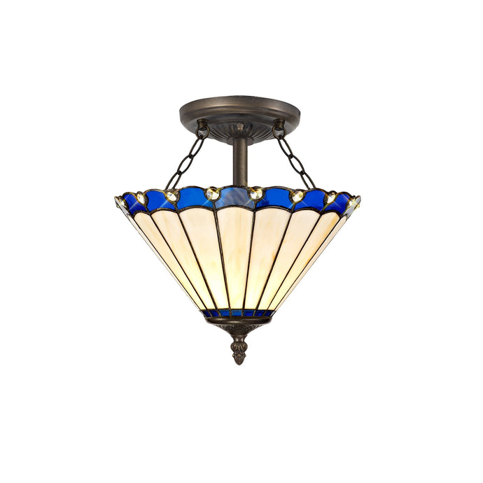 C-Lighting Heath 2 Light Semi Ceiling E27 With 30cm Tiffany Shade, Blue/Cmurston/Crystal/Aged Antique Brass - 29712