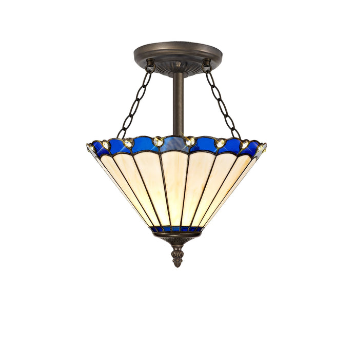 C-Lighting Heath 3 Light Semi Ceiling E27 With 30cm Tiffany Shade, Blue/Cmurston/Crystal/Aged Antique Brass - 29713