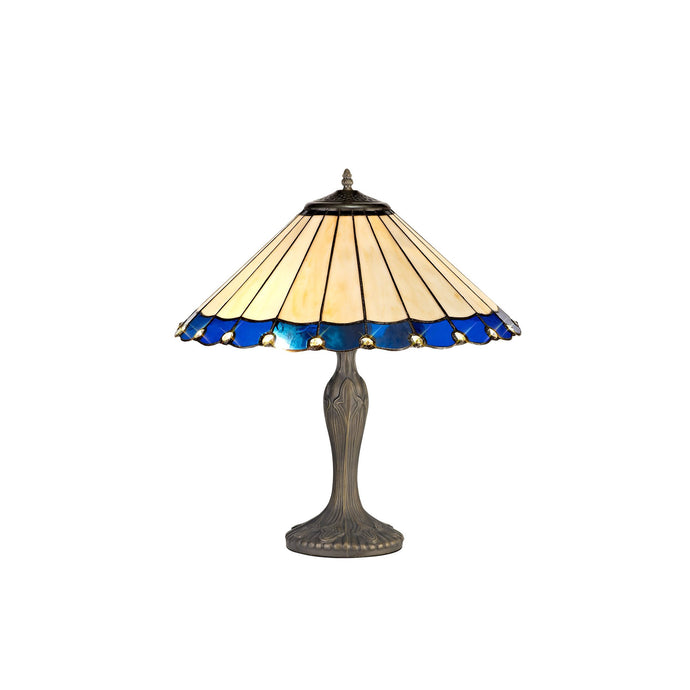 C-Lighting Heath 2 Light Curved Table Lamp E27 With 40cm Tiffany Shade, Blue/Cmurston/Crystal/Aged Antique Brass - 29717