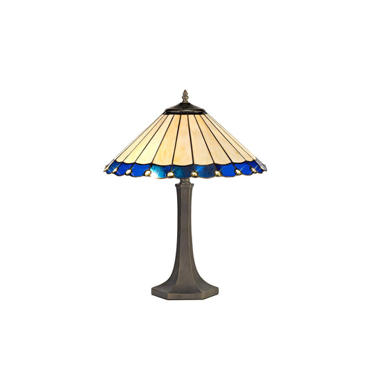 C-Lighting Heath 2 Light Octagonal Table Lamp E27 With 40cm Tiffany Shade, Blue/Cmurston/Crystal/Aged Antique Brass - 29718