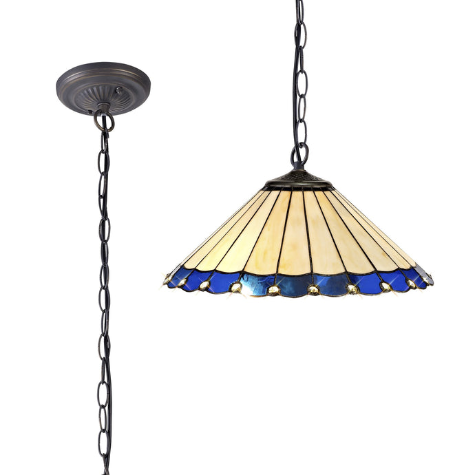 C-Lighting Heath 1 Light Downlighter Pendant E27 With 40cm Tiffany Shade, Blue/Cmurston/Crystal/Aged Antique Brass - 29719