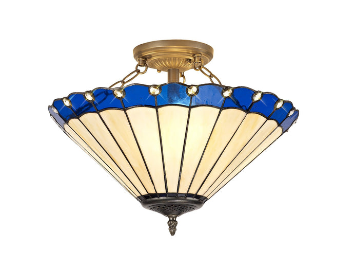 C-Lighting Heath 3 Light Semi Ceiling E27 With 40cm Tiffany Shade, Blue/Cmurston/Crystal/Aged Antique Brass - 29722
