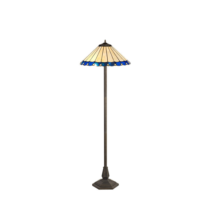 C-Lighting Heath 2 Light Octagonal Floor Lamp E27 With 40cm Tiffany Shade, Blue/Cmurston/Crystal/Aged Antique Brass - 29724