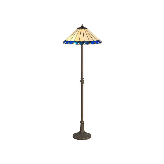 C-Lighting Heath 2 Light Leaf Design Floor Lamp E27 With 40cm Tiffany Shade, Blue/Cmurston/Crystal/Aged Antique Brass - 29725