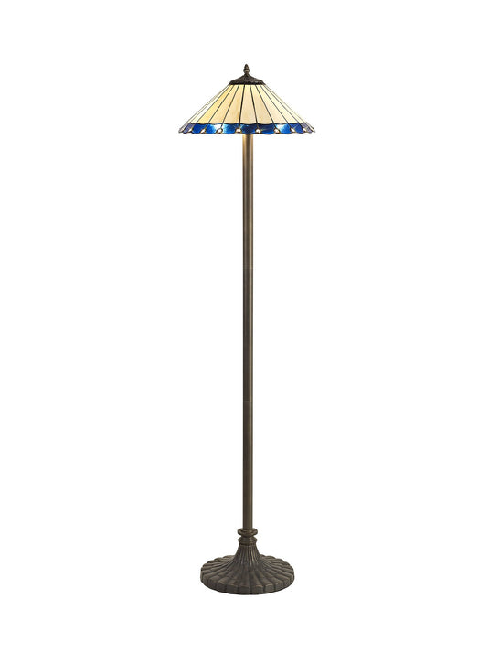 C-Lighting Heath 2 Light Stepped Design Floor Lamp E27 With 40cm Tiffany Shade, Blue/Cmurston/Crystal/Aged Antique Brass - 29726