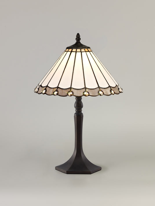 C-Lighting Heath 1 Light Octagonal Table Lamp E27 With 30cm Tiffany Shade, Grey/Cmurston/Crystal/Aged Antique Brass - 29730