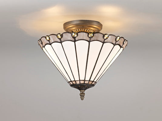 C-Lighting Heath 2 Light Semi Ceiling E27 With 30cm Tiffany Shade, Grey/Cmurston/Crystal/Aged Antique Brass - 29734