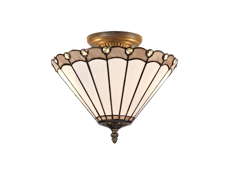 Load image into Gallery viewer, C-Lighting Heath 2 Light Semi Ceiling E27 With 30cm Tiffany Shade, Grey/Cmurston/Crystal/Aged Antique Brass - 29734
