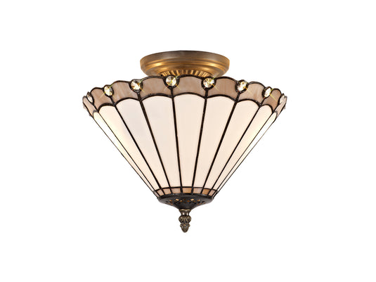 C-Lighting Heath 2 Light Semi Ceiling E27 With 30cm Tiffany Shade, Grey/Cmurston/Crystal/Aged Antique Brass - 29734