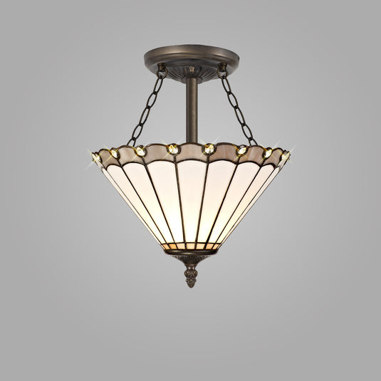 C-Lighting Heath 3 Light Semi Ceiling E27 With 30cm Tiffany Shade, Grey/Cmurston/Crystal/Aged Antique Brass - 29735