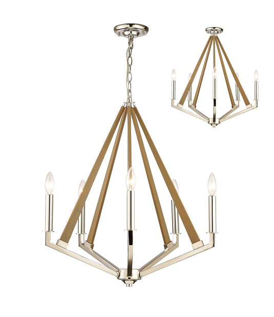 Diyas IL31682 Hilton Pentagonal Pendant 5 Light E14 Polished Nickel/Taupe Wood - 38460