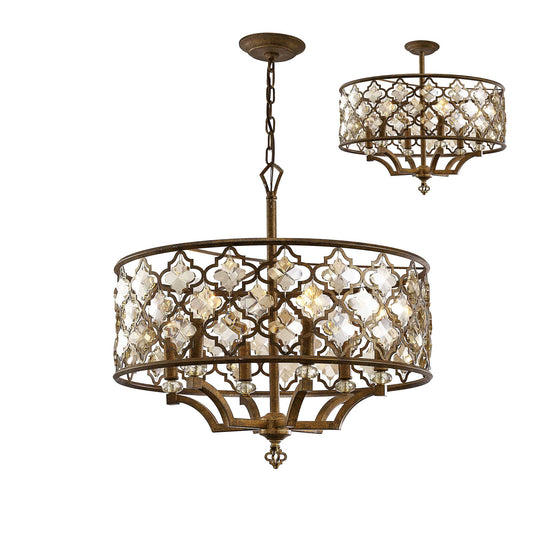 Diyas IL31696 Indie Pendant 6 Light E14 Round Mocha/Teak Plated Crystal - 38467