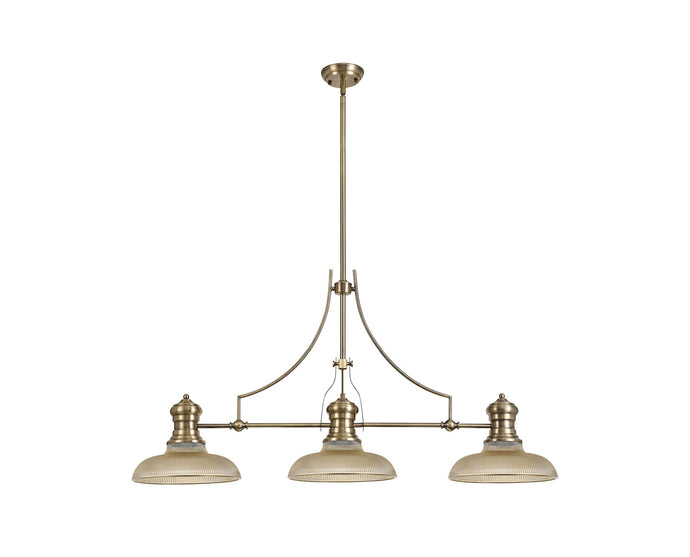 C-Lighting Kirby 3 Light Linear Pendant E27 With 30cm Round Glass Shade, Antique Brass, Amber - 29753