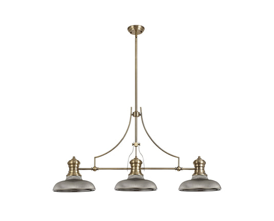 C-Lighting Kirby 3 Light Linear Pendant E27 With 30cm Round Glass Shade, Antique Brass, Smoked - 29754
