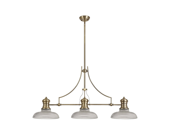 C-Lighting Kirby 3 Light Linear Pendant E27 With 30cm Round Glass Shade, Antique Brass, Clear - 29755