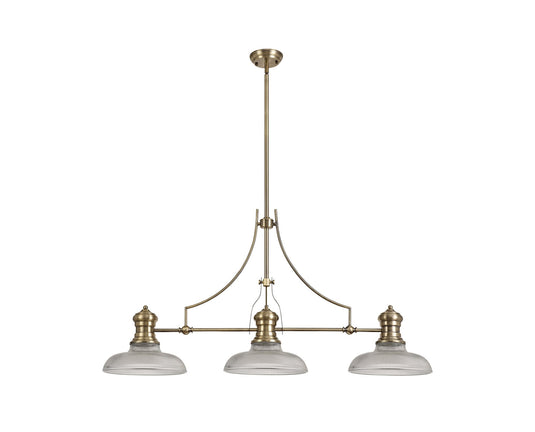 C-Lighting Kirby 3 Light Linear Pendant E27 With 30cm Round Glass Shade, Antique Brass, Clear - 29755