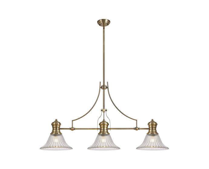 C-Lighting Kirby 3 Light Linear Pendant E27 With 30cm Bell Glass Shade, Antique Brass, Clear - 29756