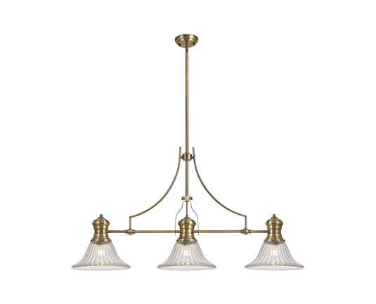 C-Lighting Kirby 3 Light Linear Pendant E27 With 30cm Bell Glass Shade, Antique Brass, Clear - 29756