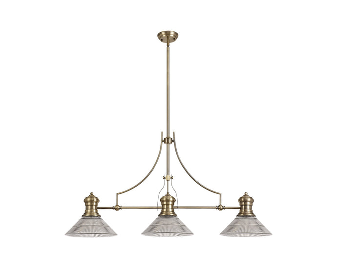 C-Lighting Kirby 3 Light Linear Pendant E27 With 30cm Cone Glass Shade, Antique Brass, Clear - 29757
