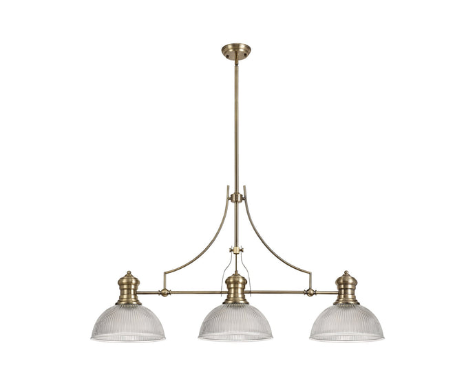 C-Lighting Kirby 3 Light Linear Pendant E27 With 30cm Dome Glass Shade, Antique Brass, Clear - 29758