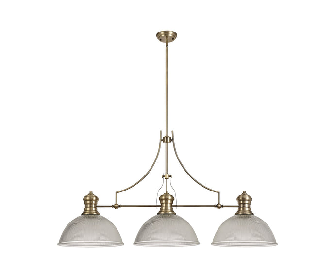 C-Lighting Kirby 3 Light Linear Pendant E27 With 38cm Dome Glass Shade, Antique Brass, Clear - 29759