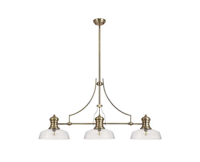 C-Lighting Kirby 3 Light Linear Pendant E27 With 30cm Flat Round Glass Shade, Antique Brass, Clear - 29760