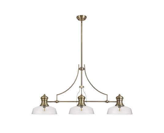 C-Lighting Kirby 3 Light Linear Pendant E27 With 30cm Flat Round Glass Shade, Antique Brass, Clear - 29760