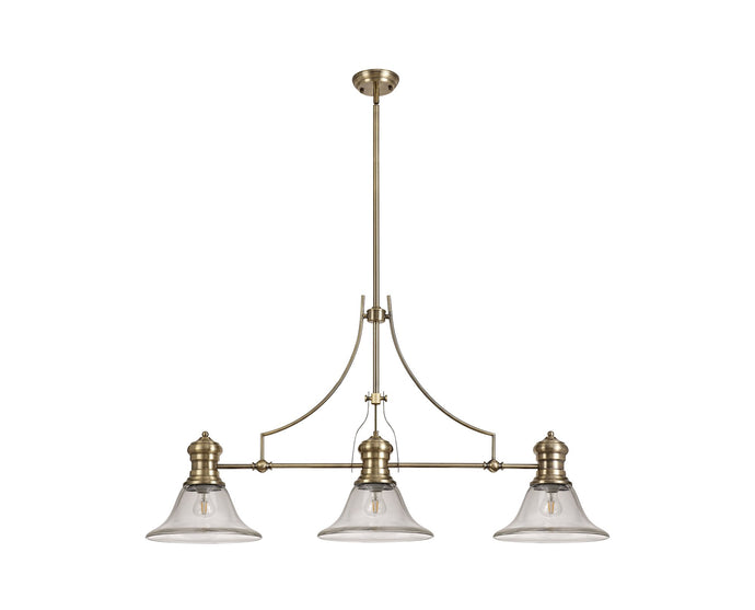 C-Lighting Kirby 3 Light Linear Pendant E27 With 30cm Smooth Bell Glass Shade, Antique Brass, Clear - 29761