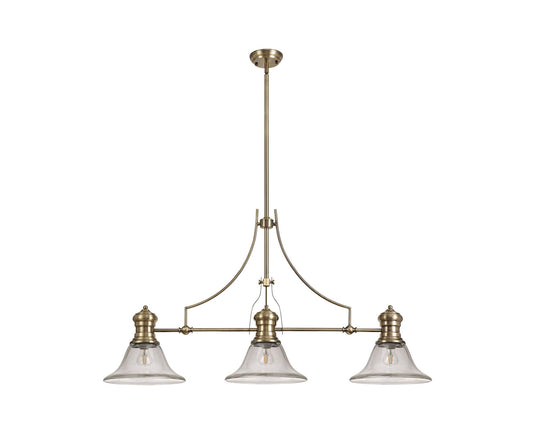 C-Lighting Kirby 3 Light Linear Pendant E27 With 30cm Smooth Bell Glass Shade, Antique Brass, Clear - 29761