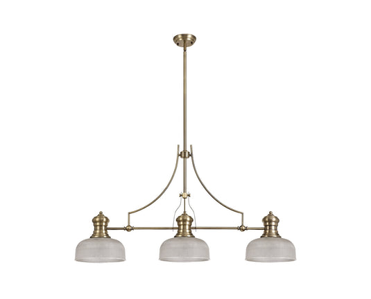 C-Lighting Kirby 3 Light Linear Pendant E27 With 26.5cm Prismatic Glass Shade, Antique Brass, Clear - 29762