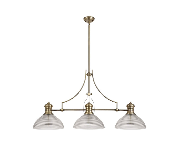 C-Lighting Kirby 3 Light Linear Pendant E27 With 33.5cm Prismatic Glass Shade, Antique Brass, Clear - 29763