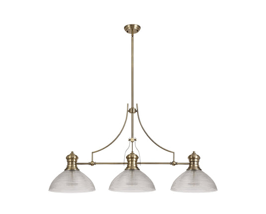 C-Lighting Kirby 3 Light Linear Pendant E27 With 33.5cm Prismatic Glass Shade, Antique Brass, Clear - 29763
